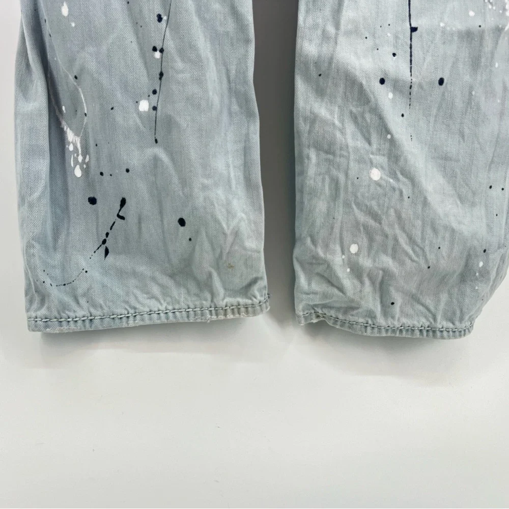 True Religion Light Blue Paint Splatter Acid Wash Straight Leg Jeans 34” x 32”